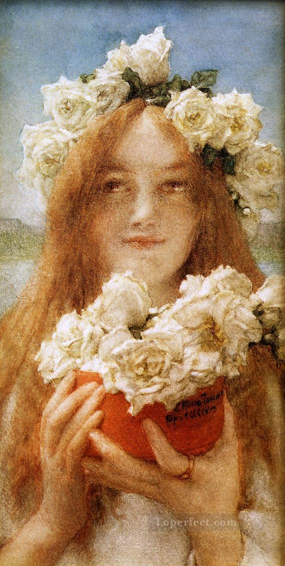 Summer Offering Young Girl with Roses Romantic Sir Lawrence Alma Tadema Oil Paintings